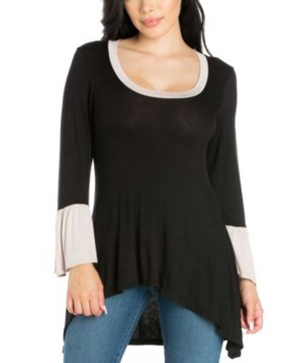 24seven Comfort Apparel Women's Bell Sleeve High-Low Tunic Top in Black